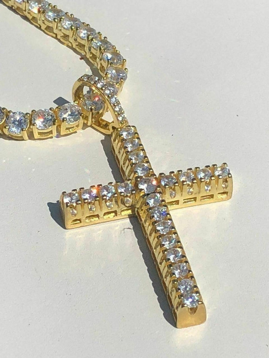HarlemBling Mens Iced 14k Gold Over Real Solid 925 Silver Tennis Cross ICY Diamond W Chain