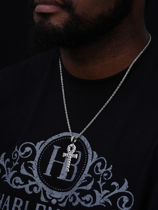 Ankh Cuban Link Cross Pendant - 14k Gold Vermeil Or 925 Silver - CZ Stones - Medium 2"