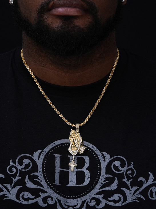 Praying Hands Cross Hip Hop Pendant - 14k Gold Vermeil Or 925 Silver - CZ Stones - Large 3.5"