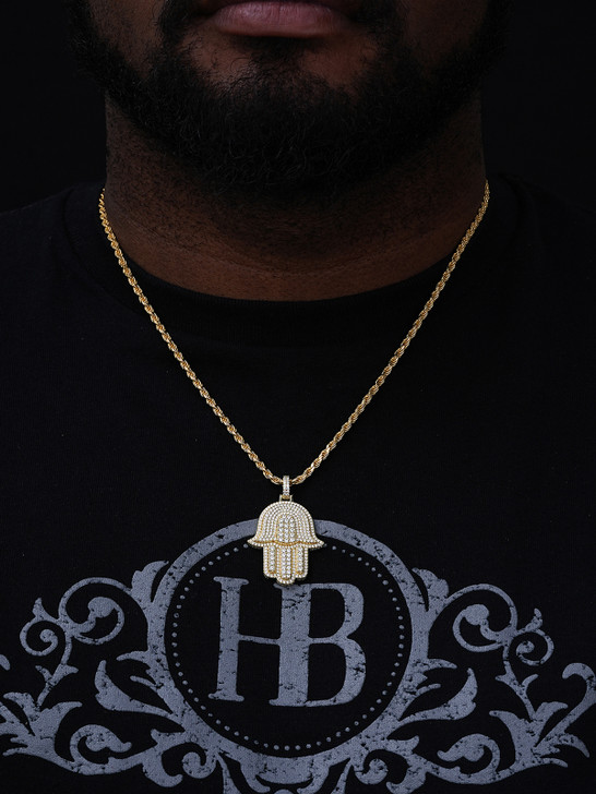 Hip Hop Hamsa Hand Pendant - 14k Gold Vermeil Or 925 Silver - CZ Stones - Small 1.5"