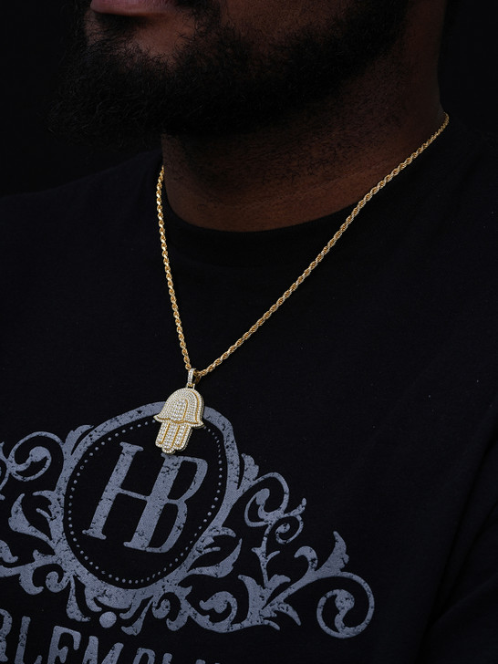 Hip Hop Hamsa Hand Pendant - 14k Gold Vermeil Or 925 Silver - CZ Stones - Small 1.5"