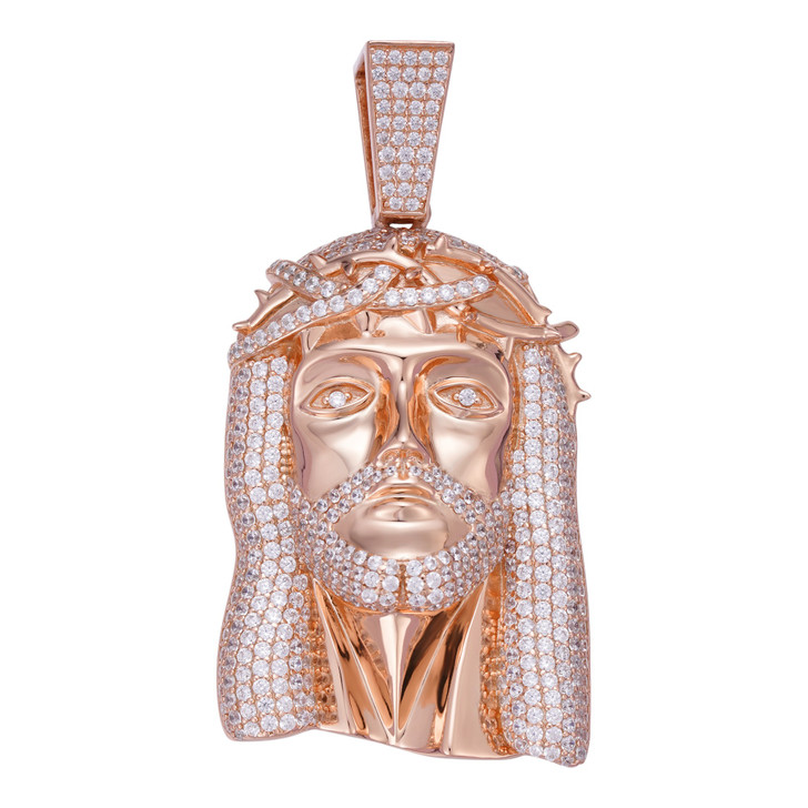 Iced Out Hip Hop Jesus Face Pendant - 14k Rose Vermeil 925 Silver - CZ Stones - 3 Sizes 1"-3"