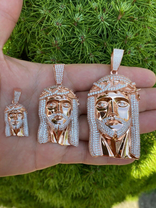 HarlemBling 14k Rose Gold Over Real 925 Silver Hip Hop Jesus Piece Pendant Iced Men Necklace