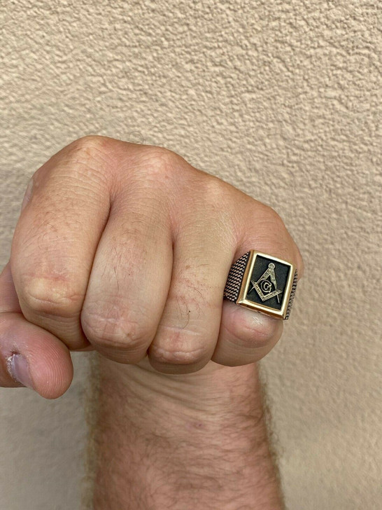 Italiano Silver, Inc Mens 14k Gold and Real Solid 925 Sterling Silver Free Mason Masonic Letter G Ring