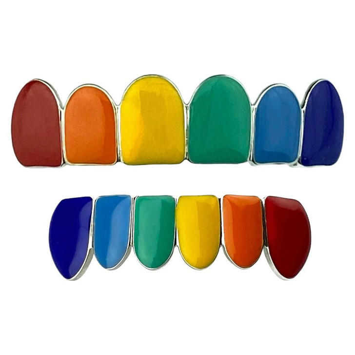 HarlemBling Premade Grillz W. Rainbow Color Enamel - 925 Silver - Top, Bottom, Or Set