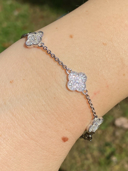 HarlemBling Solid 925 Sterling Silver Four Leaf Clover 6 Motif Bracelet Iced Diamond Ladies