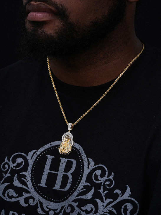 Virgin Mary Iced Diamond Hip Hop Pendant - 14k Gold Vermeil Or 925 Silver - CZ Stones - Medium 2"