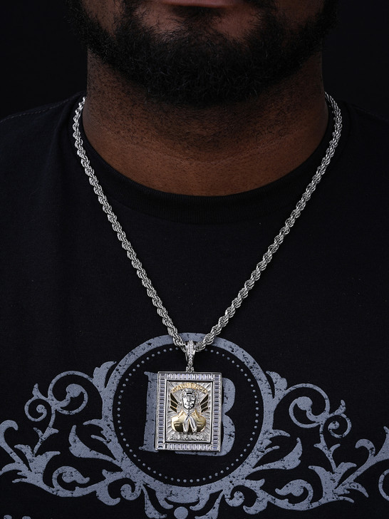 Jesus Malverde Narco Saint Pendant - 14k Gold Vermeil Or 925 Silver - CZ Stones - Large 2.75"