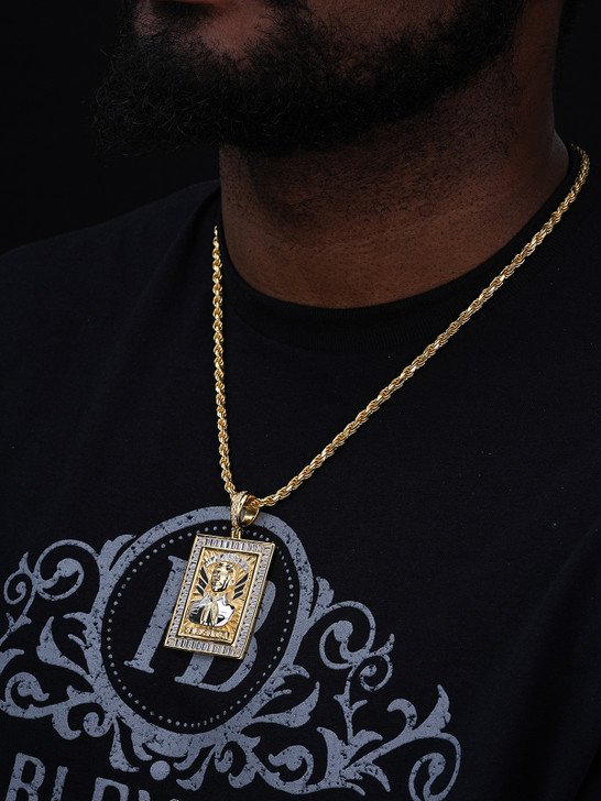 Jesus Malverde Narco Saint Pendant - 14k Gold Vermeil Or 925 Silver - CZ Stones - Large 2.75"