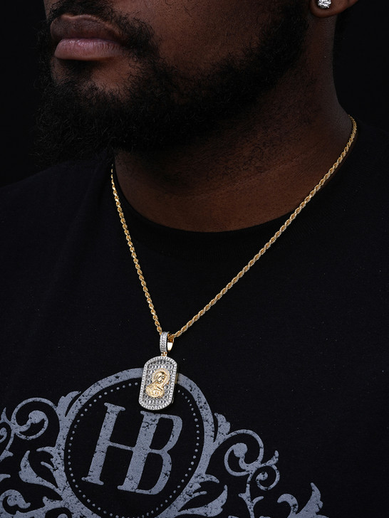 Virgin Mary Iced Baguette DogTag Pendant - 14k Gold Vermeil Or 925 Silver - CZ Stones - Medium 2"
