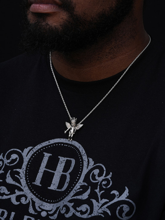 Crowned Guardian Angel Hip Hop Pendant - 14k Gold Vermeil Or 925 Silver - CZ Stones - Small 1"