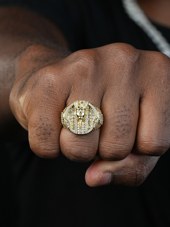 Ancient King Tut Iced Out Ring - 14k Gold Vermeil 925 Silver - CZ Stones