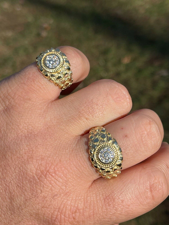 Italiano Silver, Inc Mens 14k Gold Over REAL Solid 925 Silver Nugget Ring Solitaire Iced Diamonds
