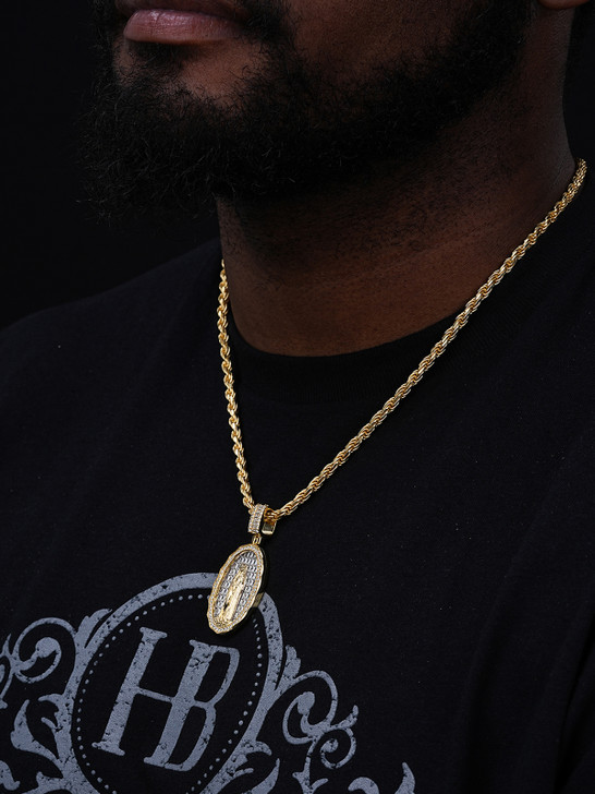 Real 925 Sterling Silver & 14k Gold - Virgin Mary Necklace Iced Baguette Pendant