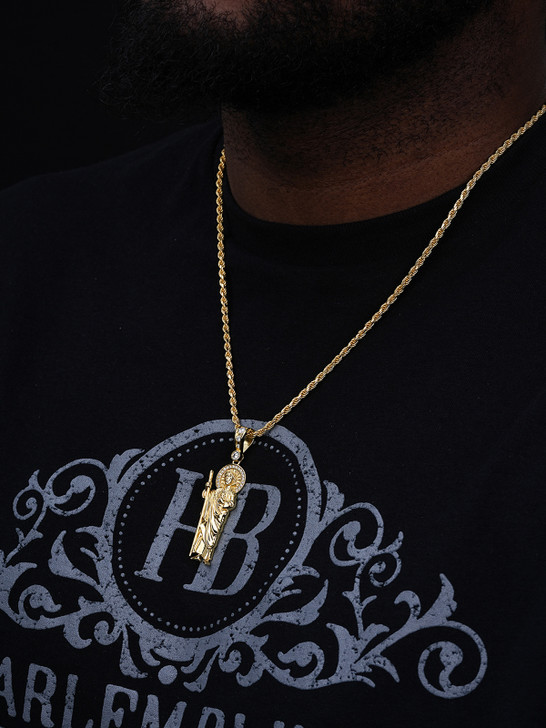 St Jude Tadeo Iced Pendant - 14k Gold Vermeil Or 925 Silver - CZ Stones - Large 2.5"