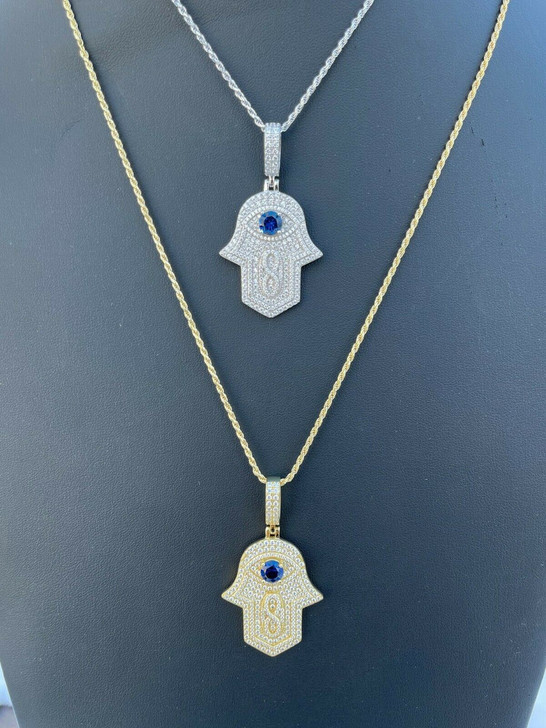 Real 925 Sterling Silver Evil Eye Hamsa Hand Pendant Iced Diamond Necklace Gold