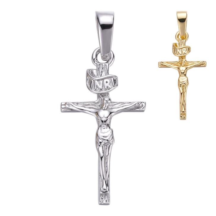 Small 0.75" 925 Sterling Silver Plain Gold Cross Jesus Crucifix Pendant Necklace