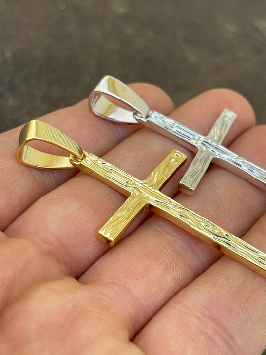 HarlemBling Large 2 Mens Plain Cross Pendant Solid 925 Sterling Silver / 14k Gold Necklace