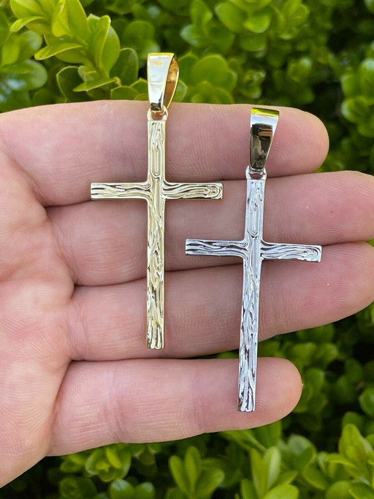 HarlemBling Large 2 Mens Plain Cross Pendant Solid 925 Sterling Silver / 14k Gold Necklace