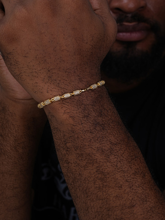 Custom 3D Barrel Link Bracelet Iced Out CZ Stones - 14k Gold Vermeil 925 Silver - 4mm - 7-8"
