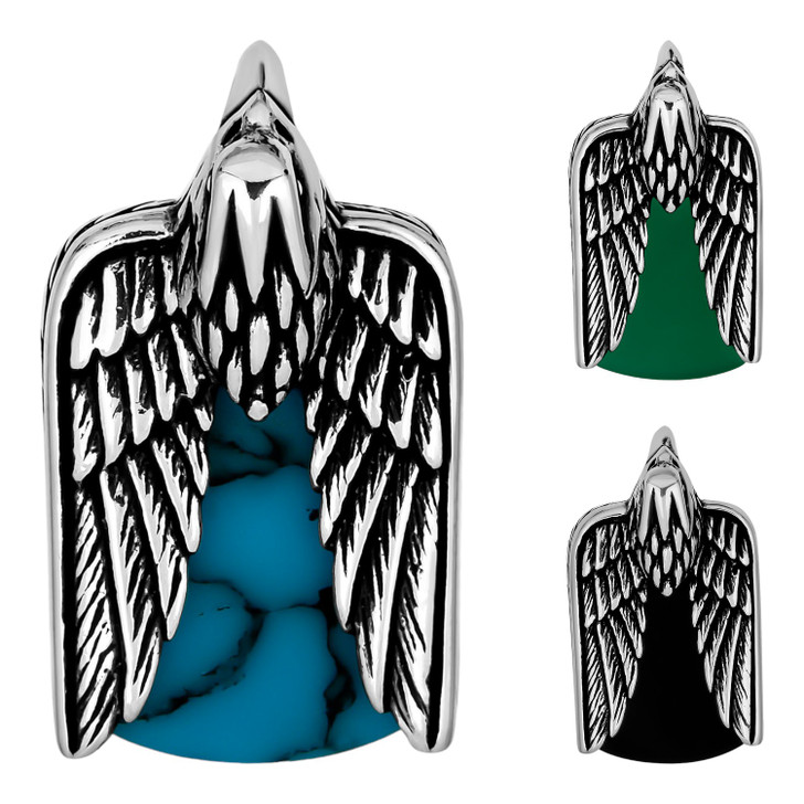 Eagle Wings Dogtag Pendant - 14k Gold Vermeil Or Oxidized 925 Silver - Tigers Eye, Green, Blue Or Black Gemstones - Small 1"