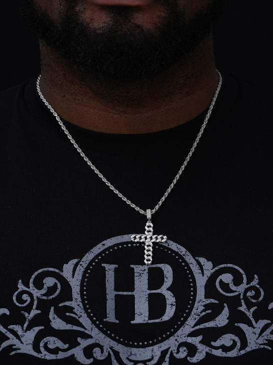 Cuban Link Unique Bust Down Cross Pendant - 14k Gold Vermeil Or 925 Silver - CZ Stones - Medium 2"