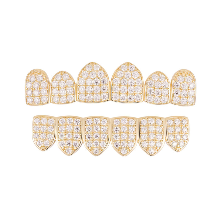 MOISSANITE 6 Teeth Top, Bottom, Or Set Iced Out Grillz - 14k Gold Vermeil 925 Silver