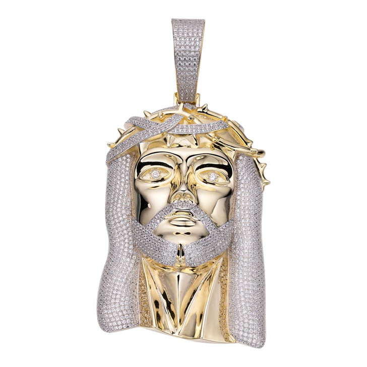 Kilo Iced Out Hip Hop Jesus Face Pendant - 14k Yellow Gold Vermeil 925 Silver - CZ Stones - JUMBO 6"