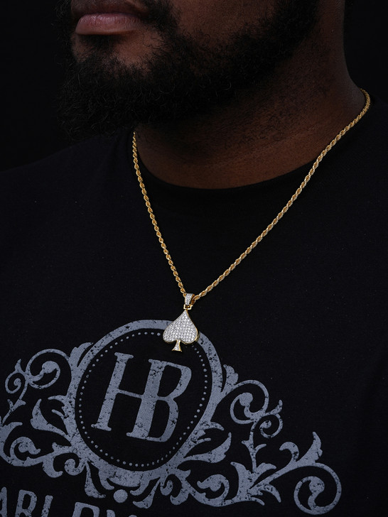 Car Deck Spades Iced Out Pendant - 14k Gold Vermeil Or 925 Silver - CZ Stones - Small 1.5"