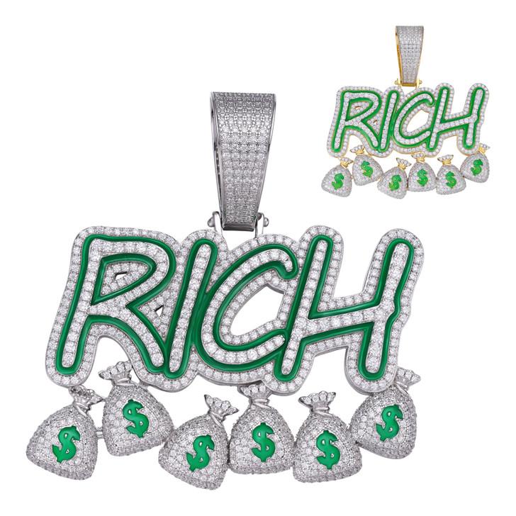 Glow In Dark RICH Money Bag $ Hip Hop Pendant - 14k Gold Vermeil Or 925 Silver - CZ Stones - Large 3"