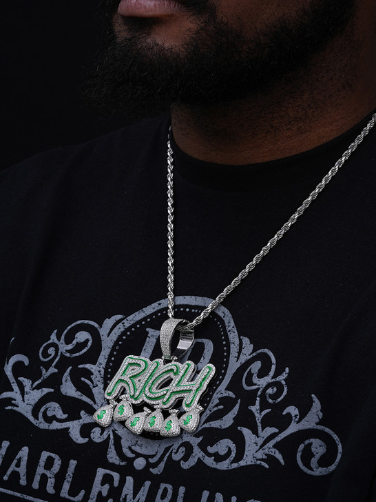 Glow In Dark RICH Money Bag $ Hip Hop Pendant - 14k Gold Vermeil Or 925 Silver - CZ Stones - Large 3"