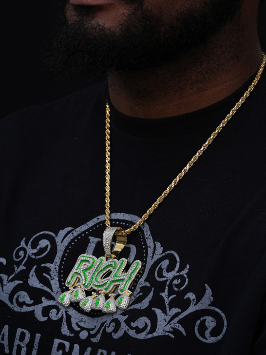 Glow In Dark RICH Money Bag $ Hip Hop Pendant - 14k Gold Vermeil Or 925 Silver - CZ Stones - Large 3"
