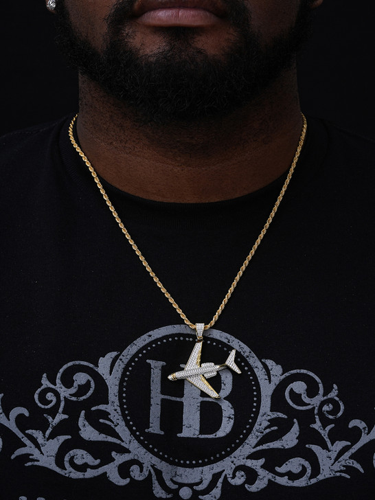 Airplane Flight Hip Hop Pendant - 14k Gold Vermeil Or 925 Silver - CZ Stones - Medium 2"