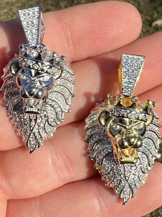 Mens 925 Silver Gold Real Iced Diamond Rasta Lion Crown Africa Pendant Necklace