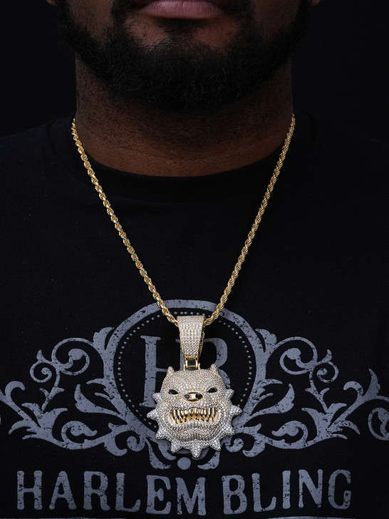 Angry Pitbull Dog Animal Pendant - 14k Gold Vermeil 925 Silver - CZ Stones - Large 3.5"