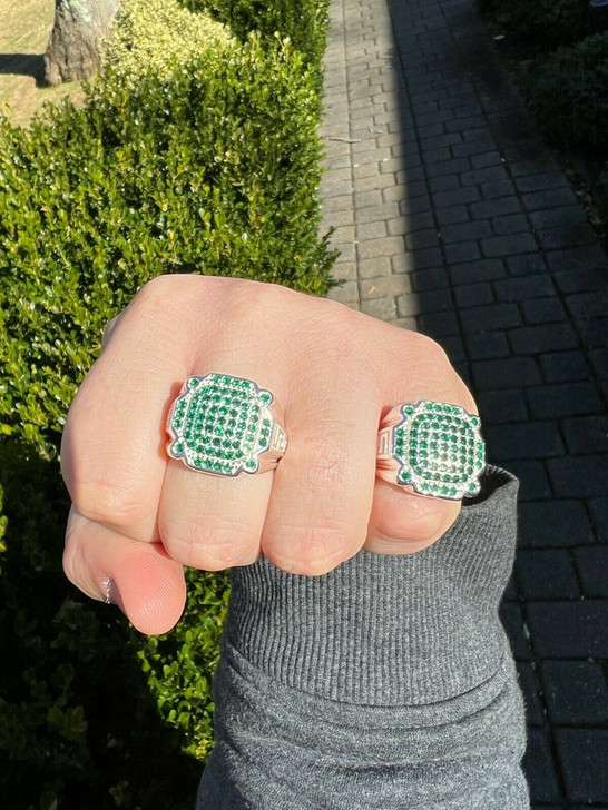 HarlemBling Mens Real Solid 925 Sterling Silver Iced Green Emerald Ring Hip Hop Pinky 7-13
