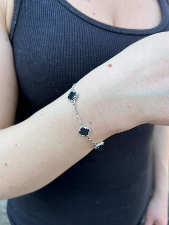 HarlemBling Small Real 925 Silver Black Onyx Alhambra Leaf Clover Flower Bracelet 6-7.5
