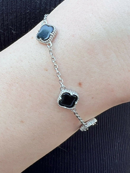 HarlemBling Small Real 925 Silver Black Onyx Alhambra Leaf Clover Flower Bracelet 6-7.5