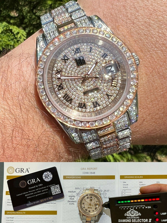 Hip Hop 15ct MOISSANITE Mens Presidential Watch Rose Gold Iced Hip Hop Pass Diamond Test