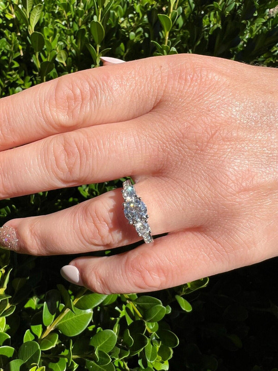 1.7ct Real Moissanite Three Stone Engagement Ring – 925 Silver, VVS D Color, Italian Made