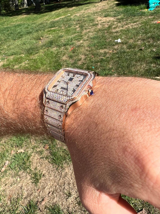HarlemBling 14k Rose Gold Plated Stainless Steel Mens Watch Fully Iced Hip Hop Out Bust Down