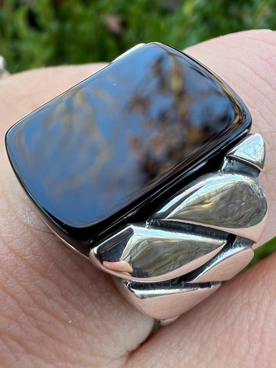 HarlemBling Real 925 Sterling Silver Natural Black Onyx Gemstone W. Miami Cuban Design Ring 