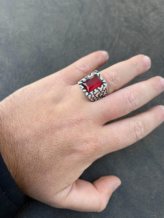 HarlemBling Mens Real 925 Sterling Silver Iced Simulated Big Red Ruby Nugget Hip Hop Ring