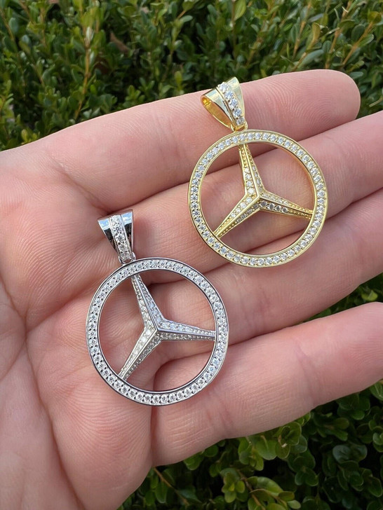 HarlemBling 1ct MOISSANITE 925 Silver/Gold Plated Iced Mercedes Benz Logo Pendant Necklace 