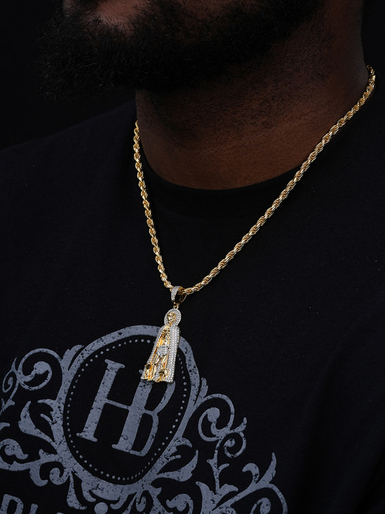 Iced Saint St Lazarus Pendant  - 14k Yellow Gold or 925 Silver - CZ Stones - Large 2.5"