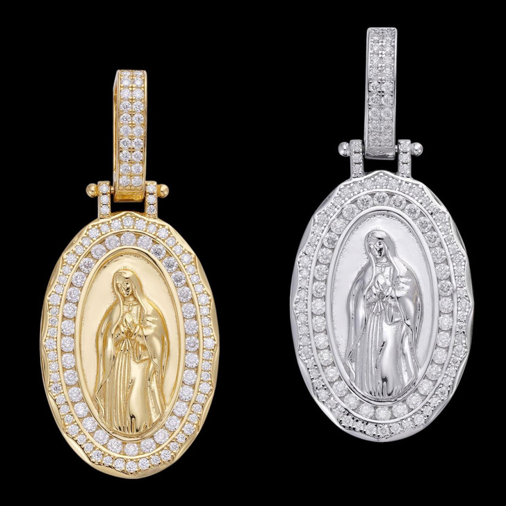 1.46ct Real DIAMOND Virgin Mary Iced Medallion Pendant - 14k Yellow Or White Gold - Small 1.75"