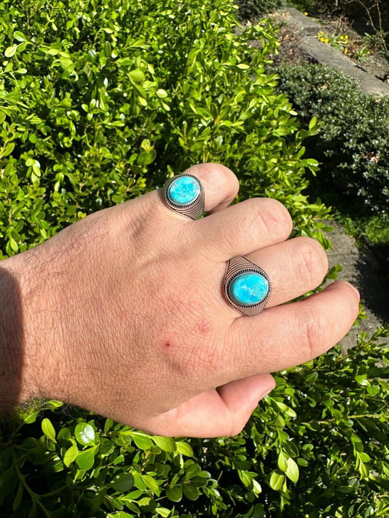 HarlemBling Real Blue Turquoise Gemstone Mens Real Solid 925 Sterling Silver Signet Ring