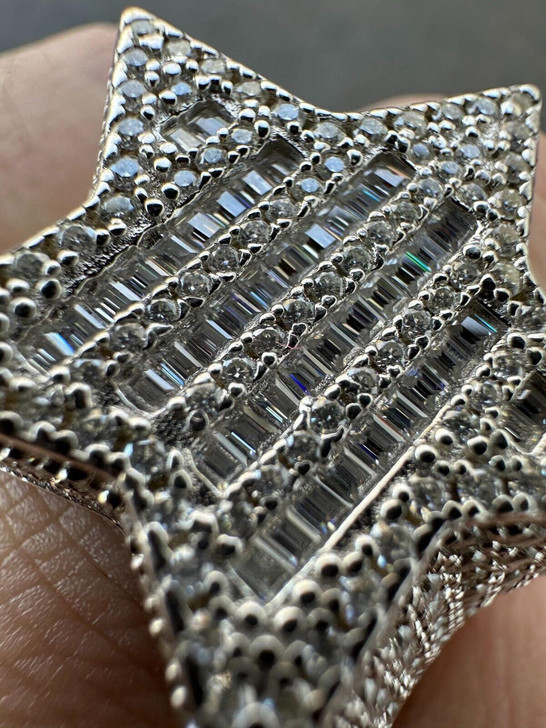 MEN SOLID 925 STERLING SILVER ICY BLING BAGUETTE CZ 3D DOUBLE