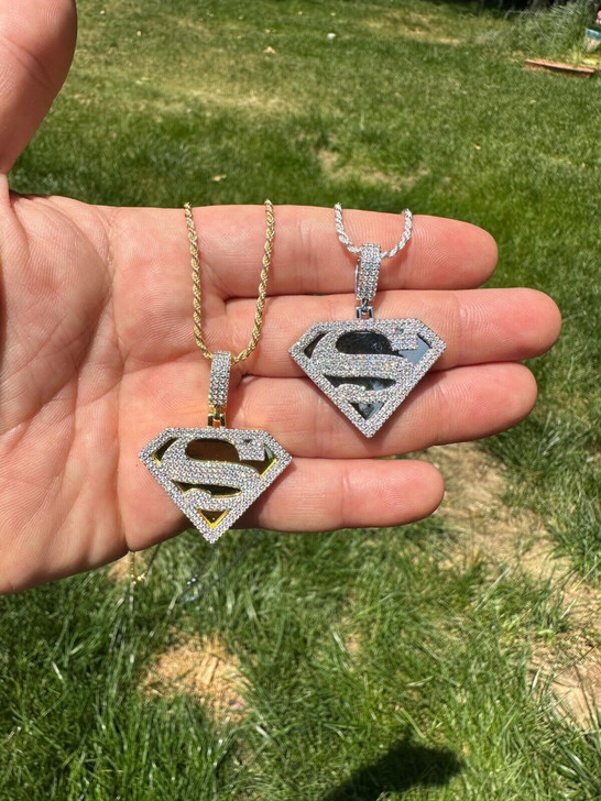 HarlemBling MOISSANITE Real 925 Silver/Gold Plated Iced SUPERMAN Logo Out Pendant Necklace 