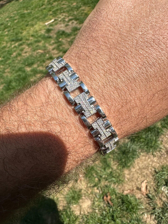 HarlemBling Mens 12mm Iced Hermes Link Bracelet Real 925 Sterling Silver Flooded Out HipHop